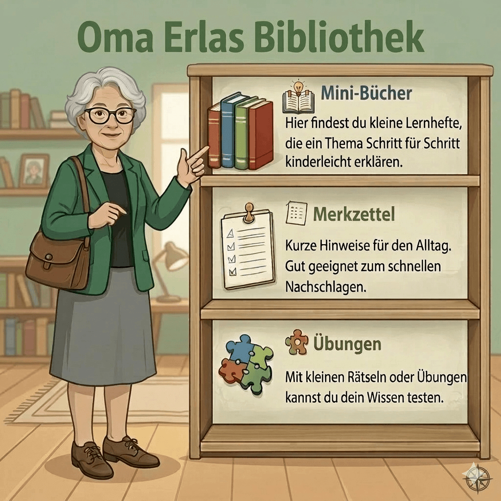 Oma Erla steht neben einem Bücherregal mit der Überschrift „Oma Erlas Bibliothek“ und zeigt auf drei Bereiche: Mini-Bücher für Schritt-für-Schritt-Erklärungen, Merkzettel für kurze Hinweise und Übungen zum Testen des Wissens.