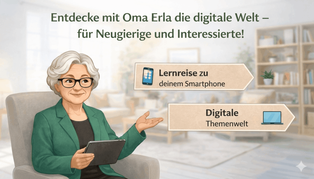 Oma Erla sitzt mit Tablet im Sessel und zeigt auf zwei Wegweiser: „Lernreise zu deinem Smartphone“ und „Digitale Themenwelt“, die beide nach rechts führen.