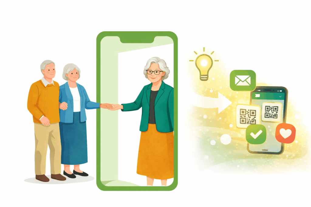 Oma Erla steht in einer Smartphone-Tür und hilft einem älteren Paar beim Einstieg in die digitale Welt.