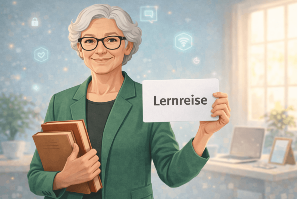 Oma Erla hält ein Schild mit der Aufschrift Lernreise und Bücher in der Hand