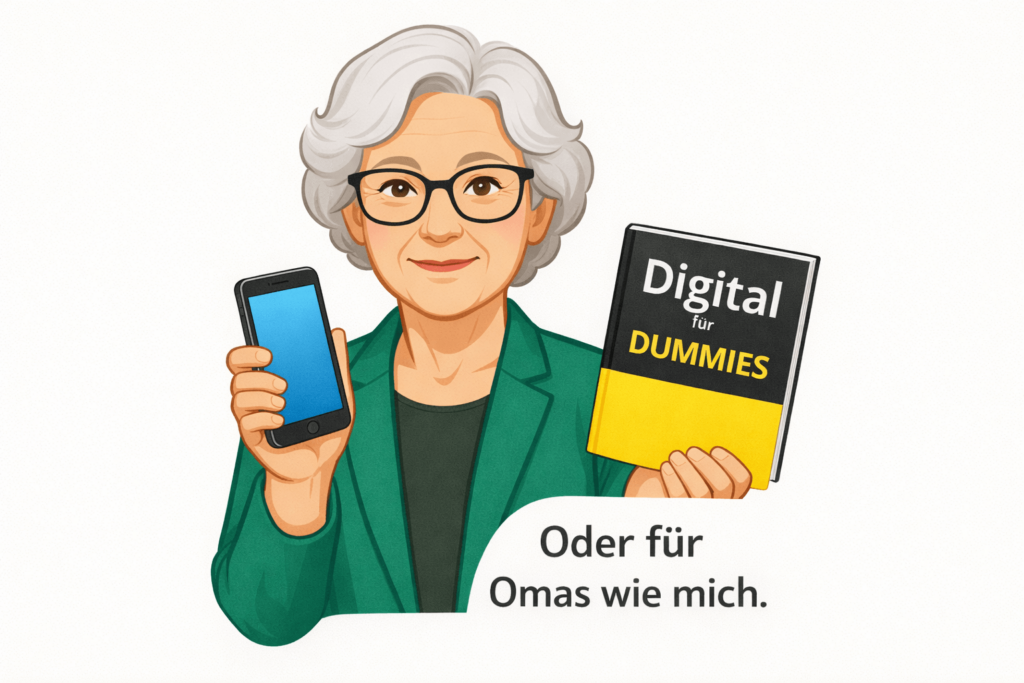 Freundliche Oma Erla hält ein Smartphone und ein Buch mit der Aufschrift „Digital für Dummies“, darunter steht „Oder für Omas wie mich“
