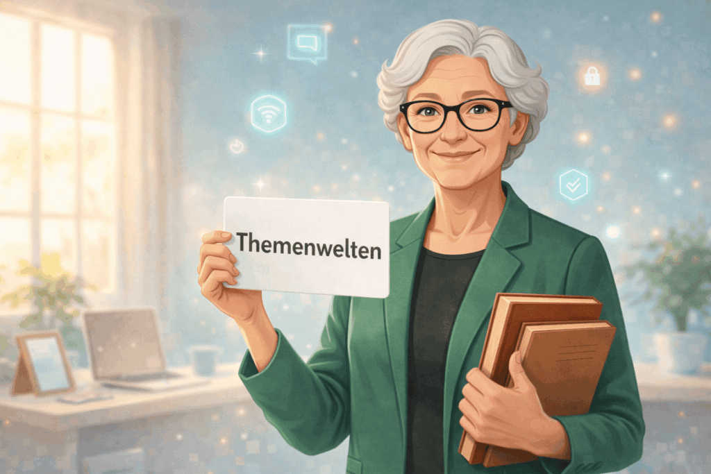 Oma Erla hält ein Schild mit der Aufschrift Themenwelten und Bücher in der Hand
